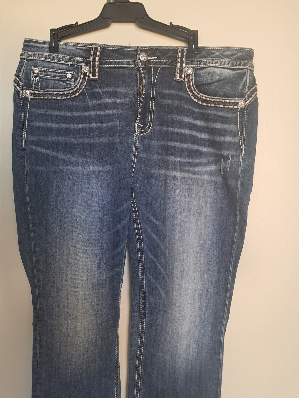 Miss Me Dark Blue Bootcut Jeans with Whisker Fade